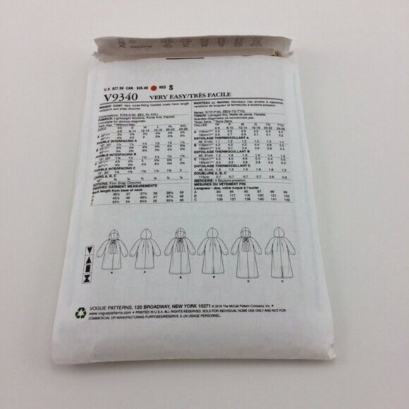 Very Easy Vogue Pattern 9340 Misses Hooded Coat Cut Sz 4 6 8 10 12 14 Xs Sm Med - Picture 4 of 12